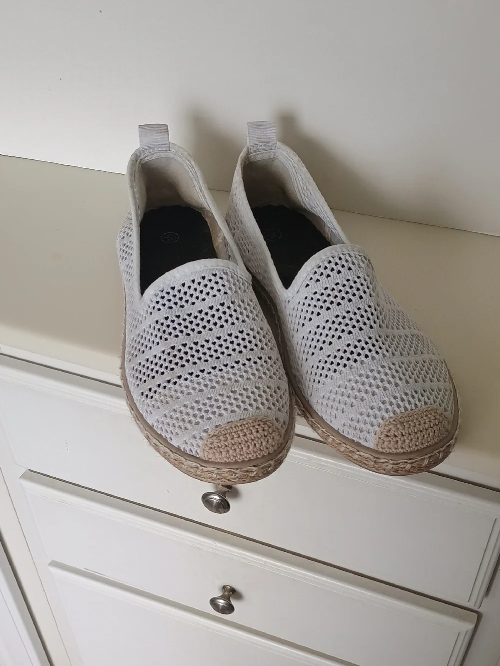 Women’s White Crochet Espadrille Heart Design Slip-On Shoes Flats